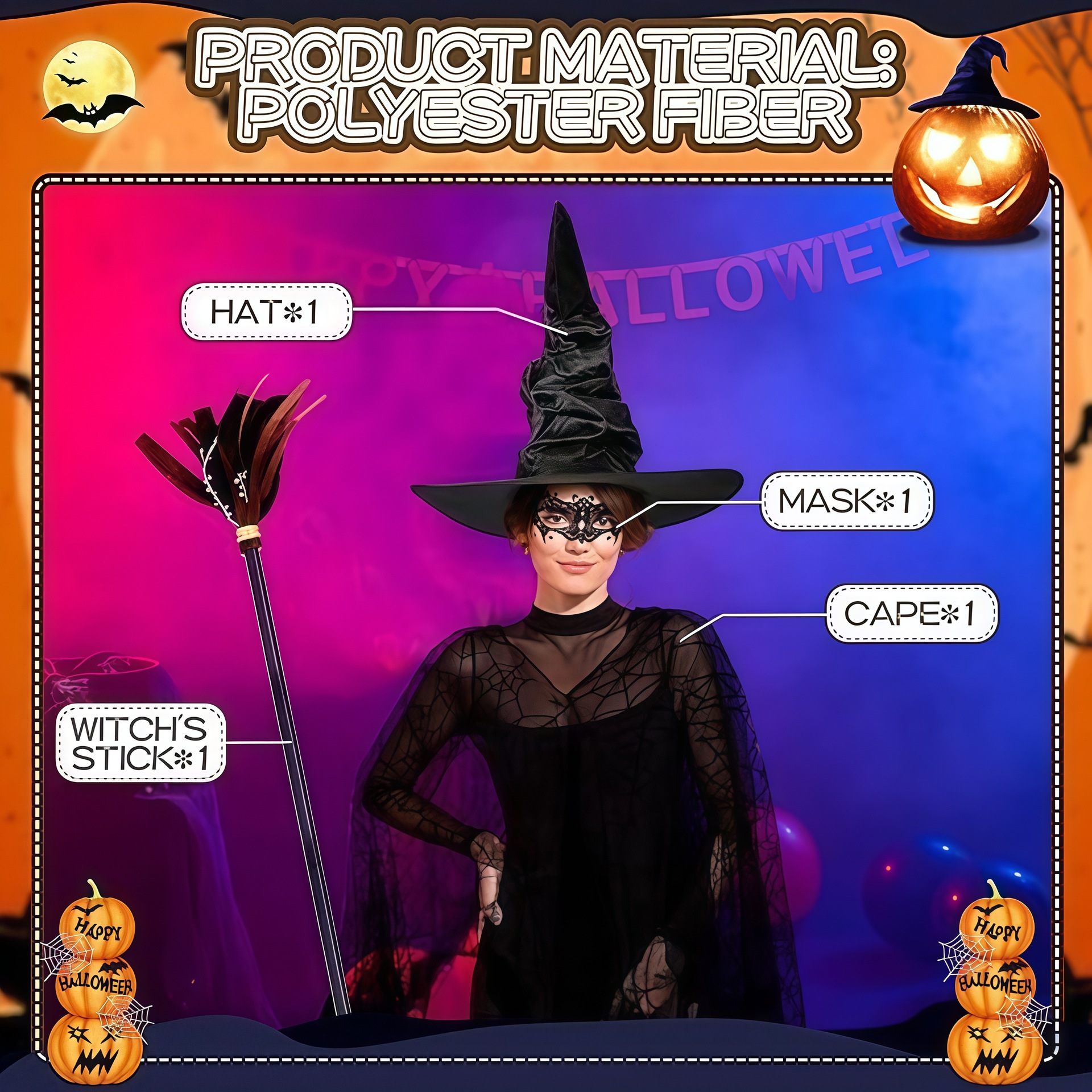 Womens Halloween Witch Costume Accessory Set With Hat Masquerade Mask And Broom